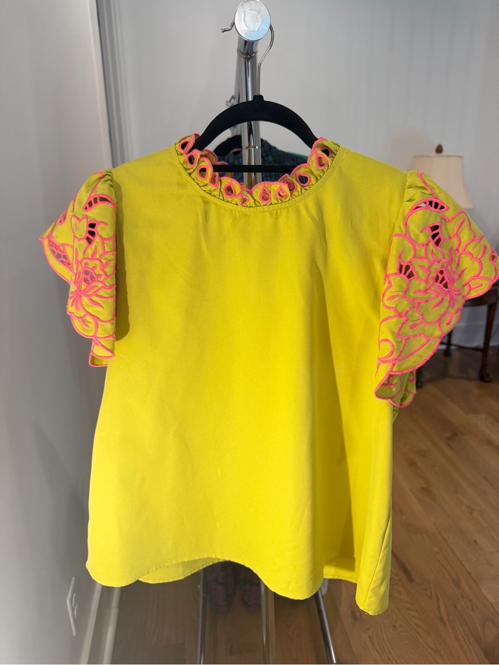 Jodifl chartreuse top with pink trimmed flutter sleeves